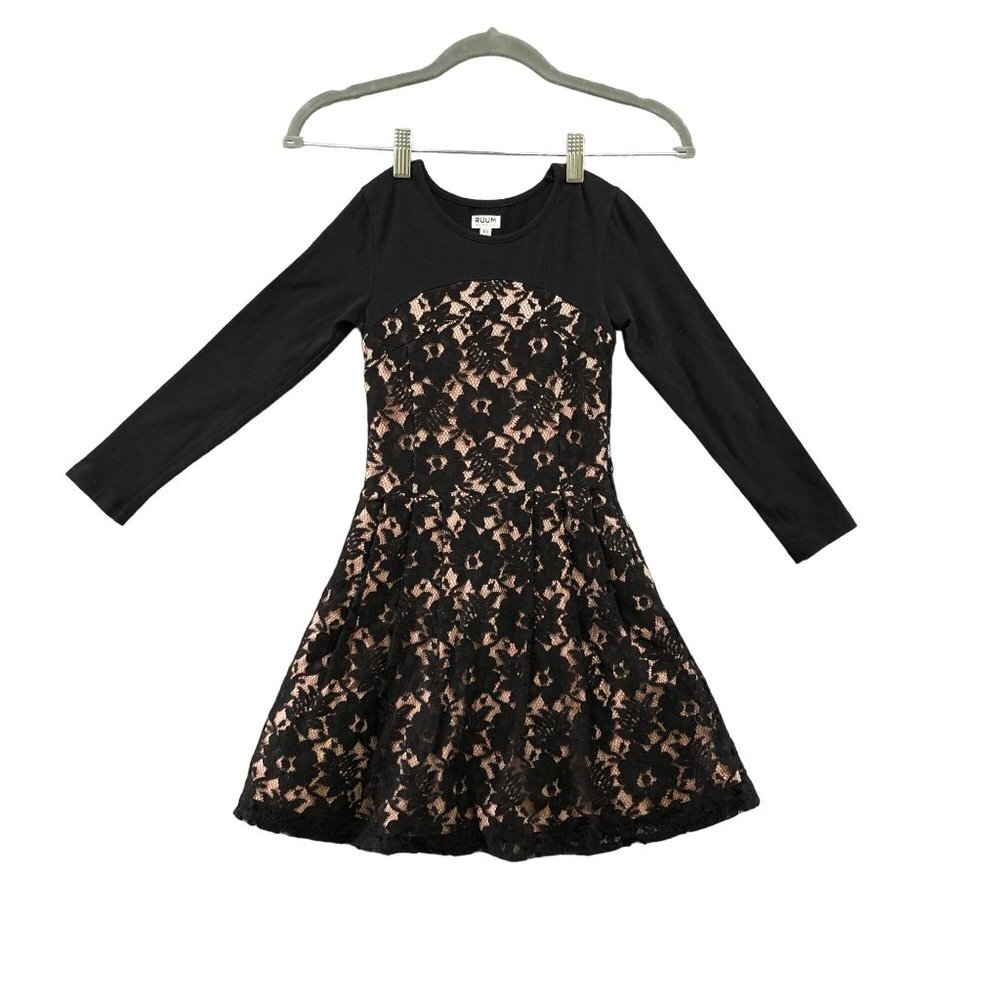 RUUM Kids‎ Girls XS 5/6 Party Dress Lace Layer Black Beige Long Sleeve Fit Flare